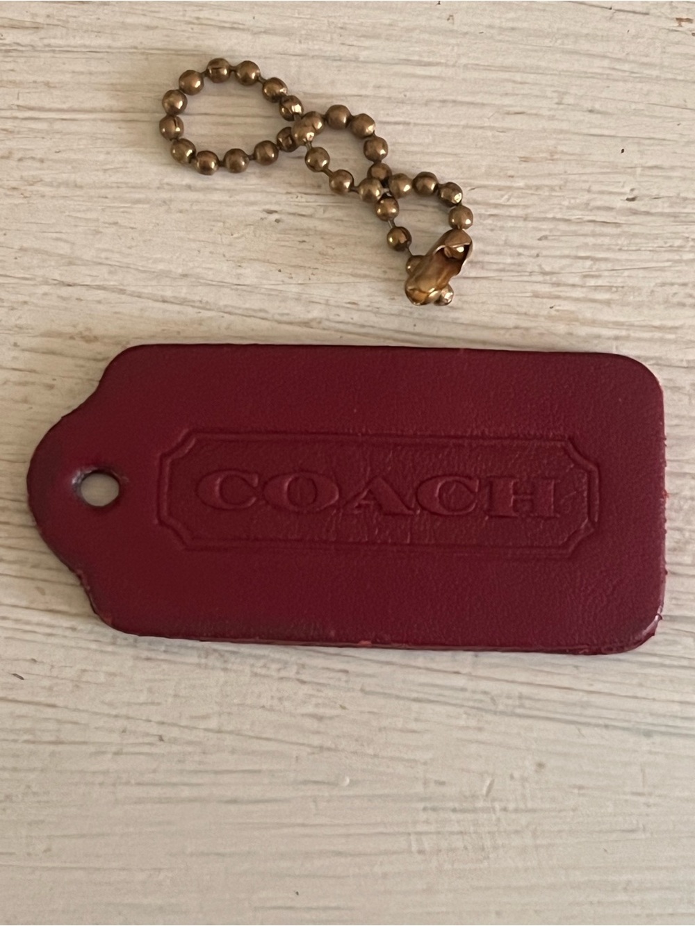 VINTAGE COACH Red Leather Tag Keychain with Brass Ball Chain